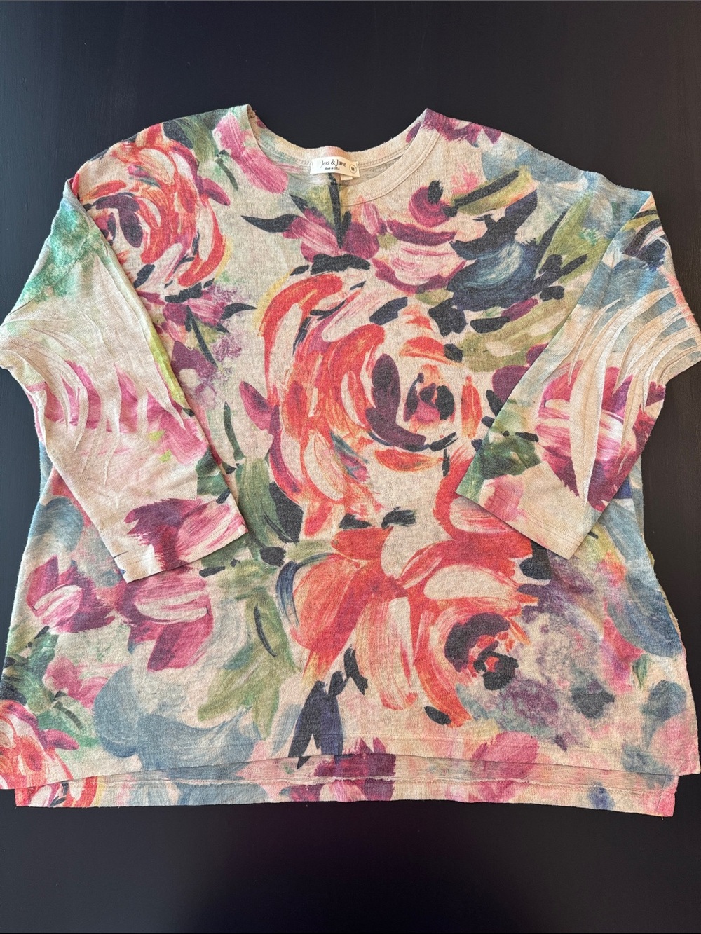 Jess & Jane Floral Knit sweater three-quarter length sleeve size medium